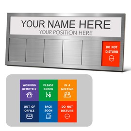 Name Plate for Desk& Office Door Sign, 6 Options Do Not Disturb, In A Meeting, Out of Office, Working Remotely, Please Knock, Stick or Stand with Desk Name Plate, Brushed silver