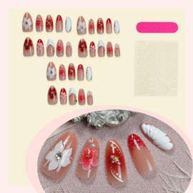 24Pcs Summer Flower Press on Nails Almond Medium Fake Nails with Glue Red Gradient False Nails with 3D Flower Pearl Designs Artificial Acrylic Nails Press ons French Tip Handmade Nails for Women