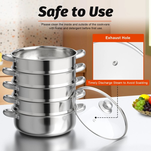 OUKANING 5tier Steamer Cookware Pot Stainless Steel Pot Stainless Steel