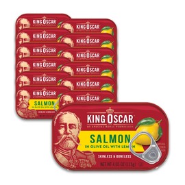 King Oscar Premium Salmon in Olive Oil with Lemon, 4.05-Ounce Cans (Pack of 12, Packaging May Vary), Skinless & Boneless Salmon