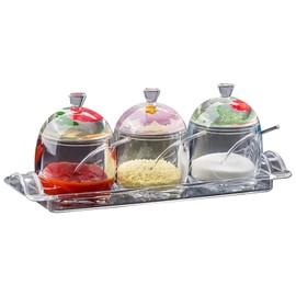 TINMIX Clear Seasoning Box - 3PCS Acrylic Condiment Pots for Salt Sugar Herbs, Spice Jar Containers with Base, Dried Flower Handle Lids and Spoons