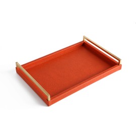 Orange Serving Tray, Coffee Table Decorative Tray Orange PU Leather with Gold Leaf Metal Handles (Havana Orange)