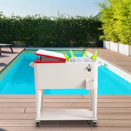 80 Quart Patio Cooler Rolling Cooler Ice Chest with Shelf, Stainless Steel Ice Chest Portable Patio Party Bar Drink Cooling Cart Beverage Cooler Cart with Wheels and Bottle Opener