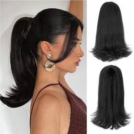 Rafabcici Flick Ponytail for Black Women, 14 Inch Yaki Straight Drawstring Ponytail Extension with Wrap-Around Tail,Shoulder-Length Synthetic Hairpiece(Natural Black)