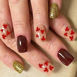 Fall Press on Nails Brown Fake Nails with Red Maple Leaf Design Short Square False Nails Gold Glitter Press on Nails Reusable Stick on Nails Glossy Acrylic Nails for Women Girls Autumn Winter Manicure
