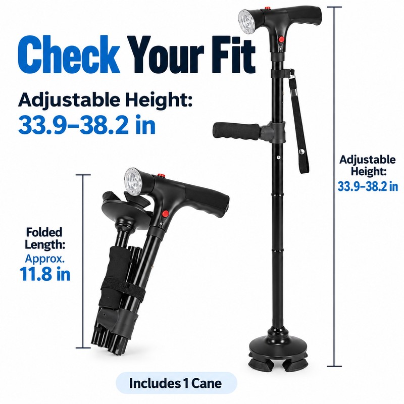 Folding Walking Cane with LED Light & Alarm – Adjustable