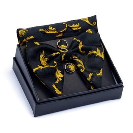 GUSLESON Floral Yellow Bow Tie and Pocket Square Cufflink Set Oversized Tuxedo Bow Ties for Men Black (0617-08)
