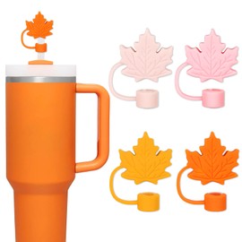 Whaline 4Pcs Fall Maple Leaf Straw Cover Cap Pink Orange Reusable Silicone Straw Topper 10 Mm/0.4 Inch Straws Tip Lid Protector for Autumn Thanksgiving Party Favors Supplies