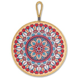 20 cm Ceramic Trivet with Cork Base and Cord for Hot Pots and Pans in Various Designs | Round Decorative Kitchen Utensil Gift Idea Spoon Rest Hanger High Gloss