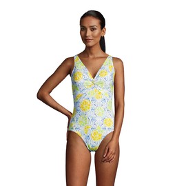 Lands' End Womens Chlorine Resistant V-Neck Twist Front One Piece Swimsuit Control Classic Cobalt Citrus Geo Regular 4