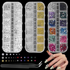 3PCS 12 Grid Nail Art Rhinestones Pearls and Studs, 3D Nail Charms and Gems, Suitable for Women Nails Design and Handmade