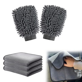 Quorlis Car Cleaning Kit - 5Pcs Car Washing Kit with 3 Microfibre Cleaning Cloths & 2 Wash Mitt, Dual-Sided 600GSM Dry Towels for Auto Care, Detailing, Polishing, Waxing, Interior & Exterior