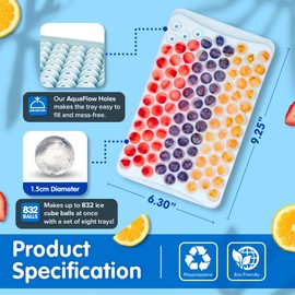 Round Ice Cube Tray with Lid and Bin – Creates 832 Ice Balls (0.60 Inch Size), Stackable Ice Cube Trays, Easy-Release Ice Balls for Drinks and Cocktails, Pack of 2 (8 Trays), Blue