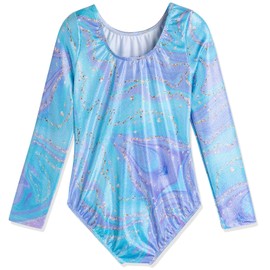 HOZIY Girls Leotards for Gymnastics Long Sleeve Sleeved Unitard 5t Size 5-6 Year Old Blue Purple Marble Tumbling Outfits Bodysuits Leotardos Para Gimnasia Ninas