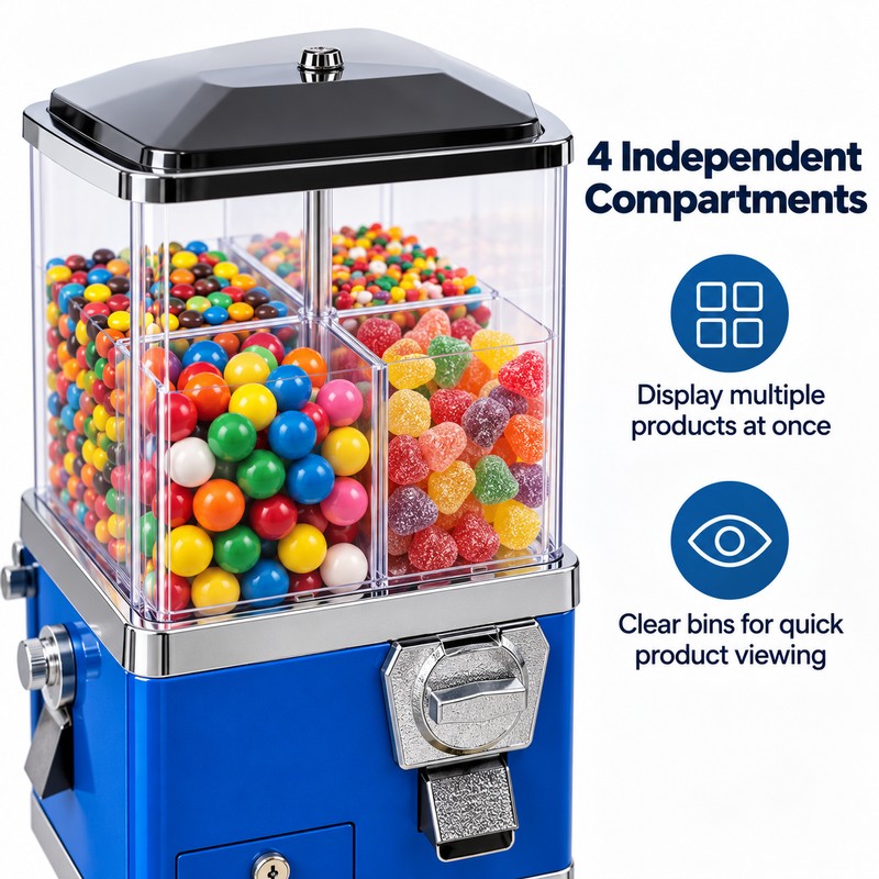 4 Compartment Coin Operated Candy Vending Machine with Adjustable Stand