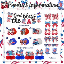4th of July Decorations God Bless the USA Banner American Flag Bow Cherry Hanging Swirls and Blue Red Honeycomb Centerpiece Independence Day Decor for Veterans Day Patriotic Decorations