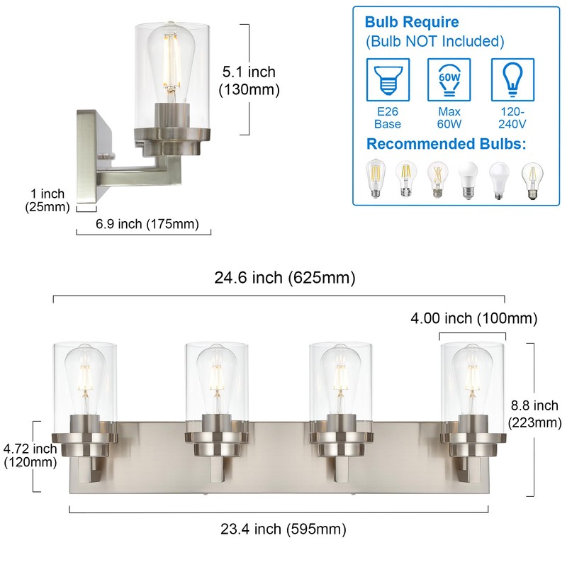 MELUCEE 4 Lights Vanity Light Brushed Nickel Modern Bathroom Lighting