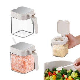 Doyeemei Condiment Container with Spoon, Set of 2, Condiment Pot, Condiment Case, Moisture Proof, Spice Bottle, Storage Container, Sugar, Salt Container, Potato Starch, Pepper Storage Container