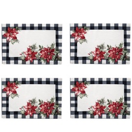 Newbridge Poinsettia Festivity Gingham Bordered Christmas Fabric Placemats, Country Cottage Print Easy Care, Stain Release Placemats, Set of 4 Border Placemats Mukti