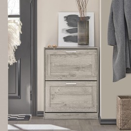 SoBuy Shoe Storage Cabinet Entryway, Slim Shoe Rack Freestanding, Narrow Shoe Organizer 2 Flip-Drawers Shoe Cupboard for Mudroom Front Door Entrance Hallway Bedroom, FSR137-HG (Grey)