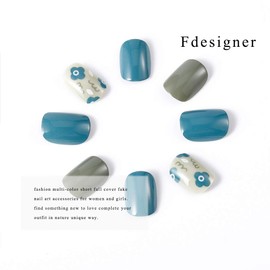 Fdesigner Short Press on Nails Blue Flower Fake Nails Cute Glossy Full Cover False Nails Unique Acrylic Artificial Nail Tips for Women and Girls 24PCS