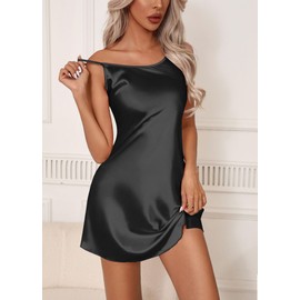 Weardear Women Negligees Satin Nightdress Spaghetti Strap Chemises Slip Soft Sleepwear Nightgown,Black,M