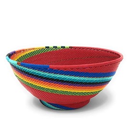 Bridge for Africa Fair Trade Zulu Telephone Wire 8-inch Round Pedestal Bowl, Red Rainbow