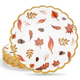 Cangmyxis 7 Inch Fall Thanksgiving Paper Plates Disposable 40 PCS Scalloped Heavy Duty Disposable Dessert Plates Maple Leaf Autumn Harvest Theme Thanksgiving Party Decorations