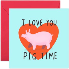 Old English Co. Love You Pig Time Wedding Anniversary Card for Husband or Wife - Fun Illustrated Animal Pun Valentine's Day Card for Him or Her | Blank Inside & Envelope Included