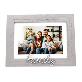 Happy Homewares Grey Woodgrain Effect Family Picture Frame with Silver Letters - 6x4 with White Matt or 7x5