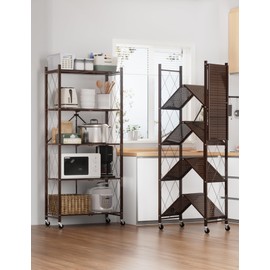 ALANNG 70.7" H Metal Storage Shelves, 5 Tier Folding Shelf on Wheels, Heavy Duty, No Assembly, Rolling, Collapsible Rack Unit for Kitchen, Basement, Pantry (Vintage Brown,2 Pack)
