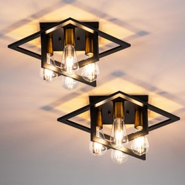 Semi Flush Mount Ceiling Light Fixture, 4 Light Industrial Ceiling Light with Black Frame & Wood Grain Accent, Close to Ceiling Farmhouse Lighting for Kitchen, Bathroom, Bedroom, Hallway (E26,2-Pack)