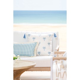 Hofdeco Premium Coastal Hampton Style Patio Indoor Outdoor Lumbar Pillow Cover Only, 12"x20" Water Resistant for Backyard, Couch, Baby Blue Gingham Fringe