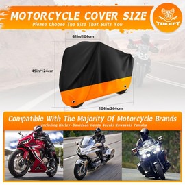 Tokept Motorcycle Cover All Season Universal Waterproof Sunscreen Outdoor Protection with Lock-Holes & Storage Bag Fits up to 104" Motorcycles Vehicle Cover (XXL Black&Orange)