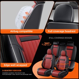 KEYOOG 5-Seater Waterproof and Breathable Nappa Leather Car Seat Covers Full Set, Fit for Front and Rear Seats of Cars, Compatible with Airbags, Car Seat Protector Covers for Most Cars - Black Red