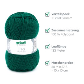 Gründl Lisa Premium Plain Knitting & Crochet Yarn (Soft and Wool-like Character, Easy-Care Knitting Yarn Made of 100% Polyacrylic, 50 g/133 m, Needle Size: 3.5 - 4.5, 10 Balls of 50 g, Fir