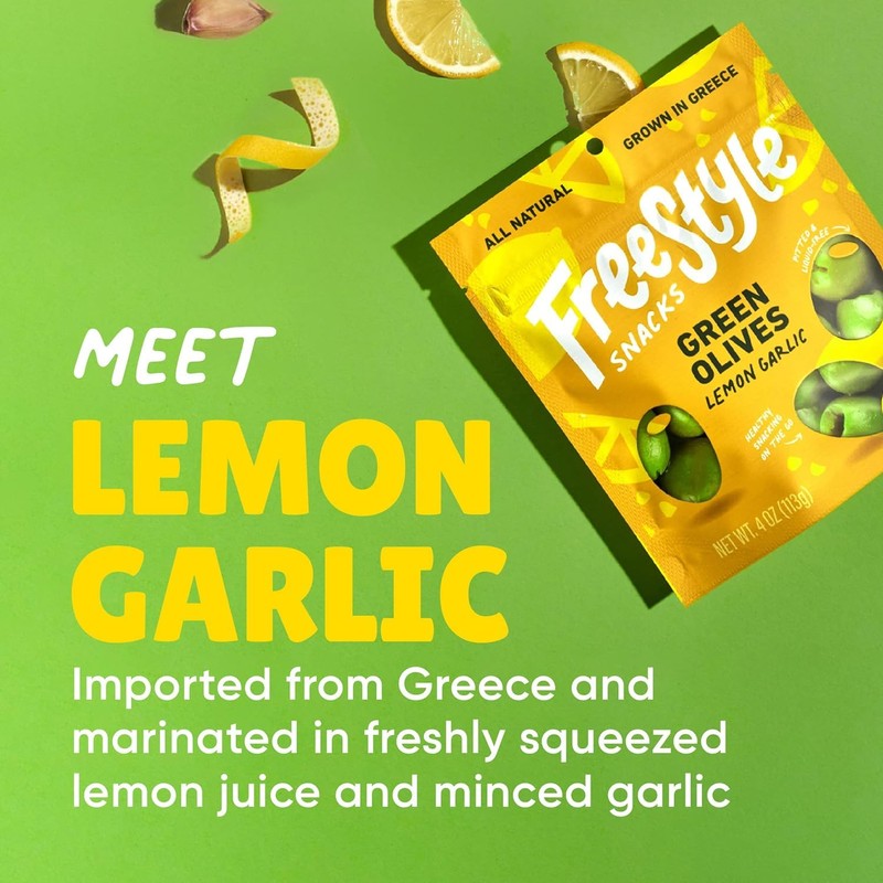 Freestyle Snacks Lemon Garlic Green Olives, 4 OZ