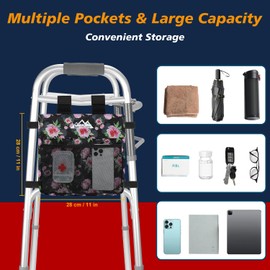 supregear Walker Side Bag, Water Resistant Accessory Basket Pouch for Folding Walkers, Lightweight Hand Free Storage Carrier Tote, Universal Size Seniors Caddy Attachment, Black Floral