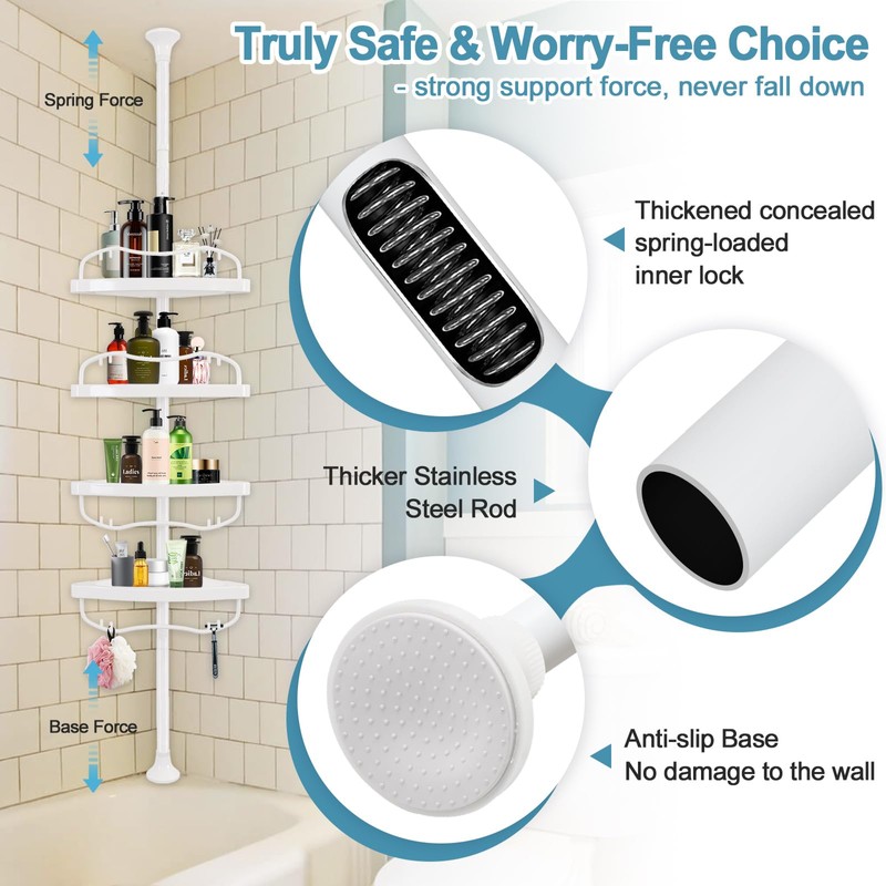 Corner Shower Caddy Tension Pole, Rustproof Bathtub Storage Organizer with