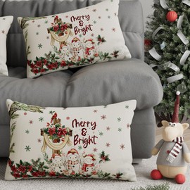 ZAEW Christmas Pillow Covers Merry & Bright Cross Snowmans Poinsettias Lumbar Pillow Cases Xmas Winter Decorations for Farmhouse Home Bedroom Sofa Couch Outdoor Holiday Decor 12x20 Inch