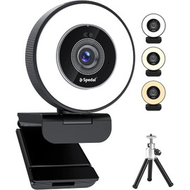 Spedal 4K Webcam with Ring Light, Built-in Privacy Cover and Dual Microphone, Fast AutoFocus, Adjustable Brightness, USB Streaming Web Camera with Tripod, for Zoom Twitch Teams YouTube Skype Meeting
