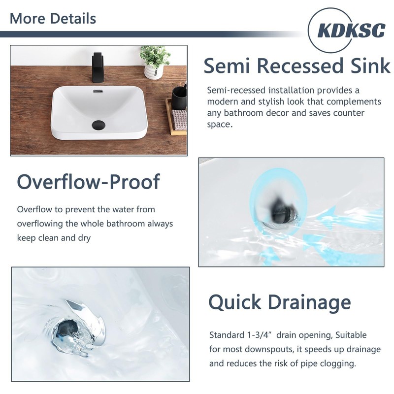 KDKSC Bathroom Vessel Sink 18.2'' x 13.3'' Small Semi Recessed