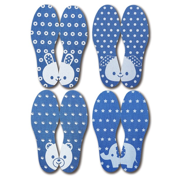 Actika Kids' Shoe Size Adjustment, Denim Picture Matching Insole, 5.1 - 7.9 inches (13 - 20 cm), Includes Coloring Book, Elephant, Dog, Rabbit, Bear, Set of 4 Pairs, Matching Pictures, Blue, Blue