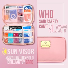 Everlit Care Car Sun Visor First Aid Kit Multi-Pocket Visor Organizer Storage Pouch with Survival Emergency Tools Including Window Breaker Disposable Urine Bag for Family Travel in Cars (Pink)