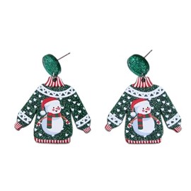 Cute Christmas Earrings Acrylic Lightweight Christmas Holiday Earrings Santa Claus Snowman Ugly Sweater Elk Xmas Holiday Gifts Accessories-Snowman/Green Sweater