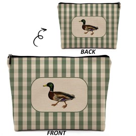 Dwept Farmhouse Mallard Duck Makeup Bag, Mallard Duck Gifts Cosmetic Bags for Women, Vintage Green Gingham Plaid Farm Animal Zipper Makeup Bag Pouch for Purse Travel Organizer