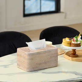 YANGQIHOME Rattan Tissue Box Cover, Rectangle Wicker Tissue Box Holder, Boho Facial Tissue Holder for Living Room, Bathroom, Kitchen, Bedroom, 10.2 x 6.2 x 5.3 inch, Whitewash