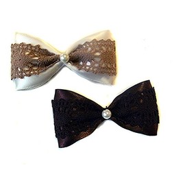 Ribbon Hair Bow Clip Sets (Alligator Clip, Caramel & Chocolate Lace Pearls)