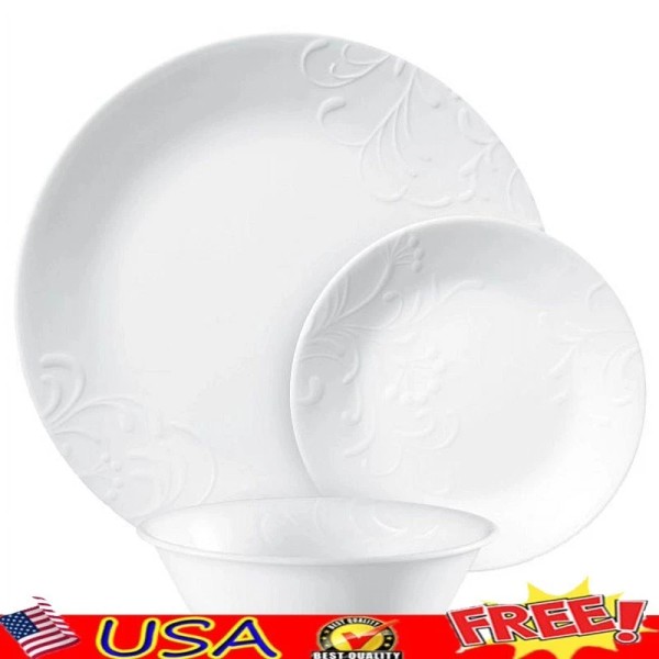 Unbranded 12 Piece White Dinnerware Set Embossed Glass Microwave Dishwasher