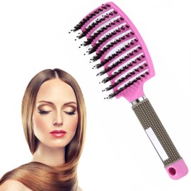 Boar Bristle Hair Brush, MH MOIHSING Curved & Vented & Fast Dry Detangling Hair Brush for Men Girls Women Wet, Long, Thick, Curly and Tangled Head Massage Hair Styling Hair Blow Drying Brush, Pink